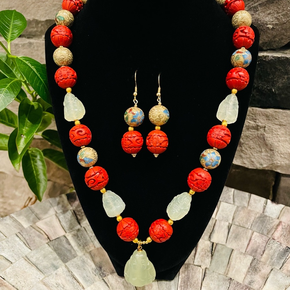 Cinnabar and Jade Buddha Necklace and Earrings Set